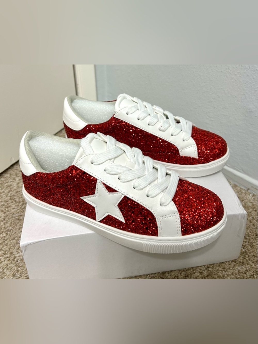 Red Glitter Star Accent Sneakers - White Trim